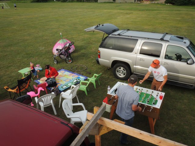 Yup, we picnicked with our Foosball table- cut the grilling operation out of the picture- everybody knows what that looks like! 