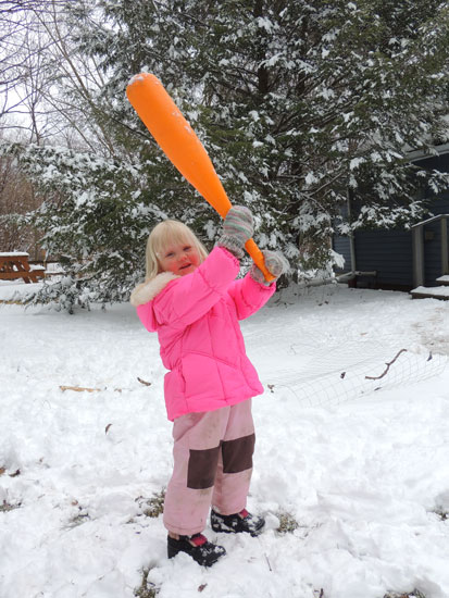 Jane in snow with fat bat
