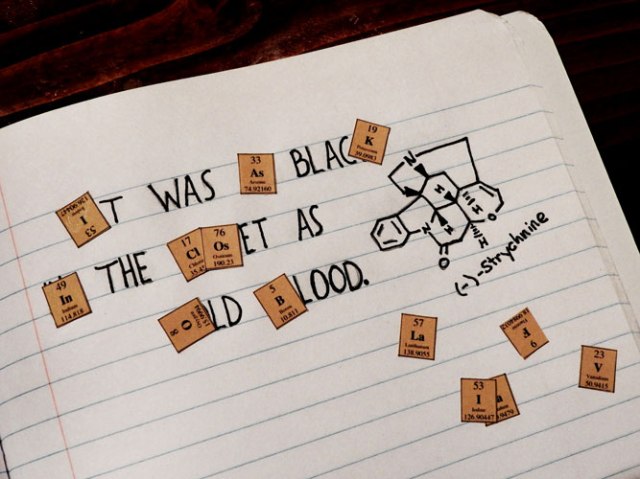 "It was as black in the closet as old blood." At least three quarters of the credit for this masterpiece goes to John who came up with all the ideas and drew the chemical structure!