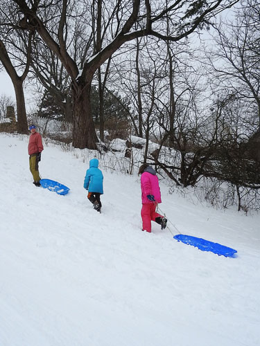 Grandma Mary, Clara and Ivy sledding