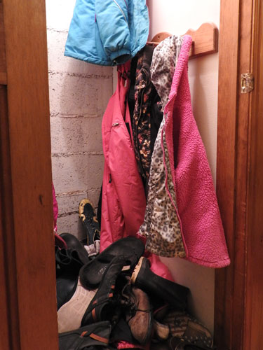 Dramatic recreation for your benefit. As you can see her pink lined leopard spotted jacket is quite easy to see, if she couldn't have found her shoes in that avalanche waiting to happen on the bottom that would have been a different story.